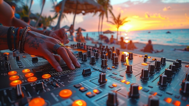 Dj mixing at sunset beach party in summer vacation outdoor Disc jockey hands playing music