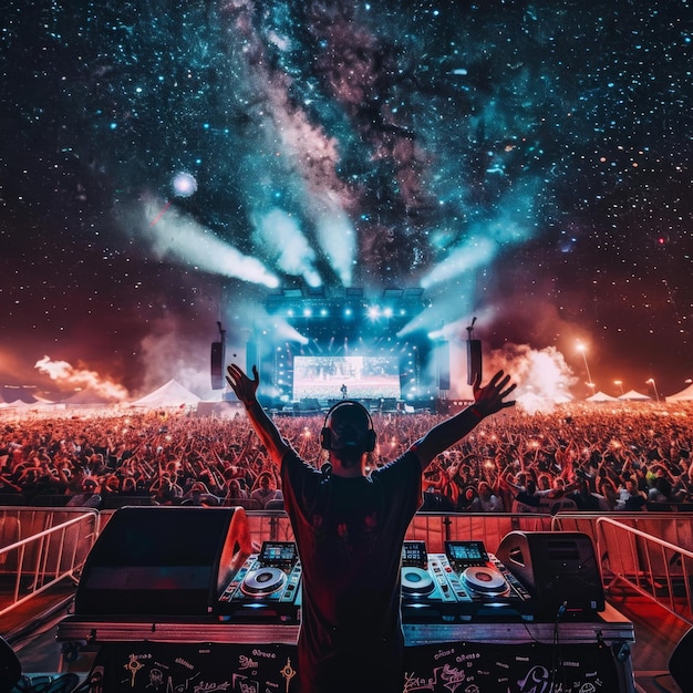 Photo dj performing at a night concert under a starry sky