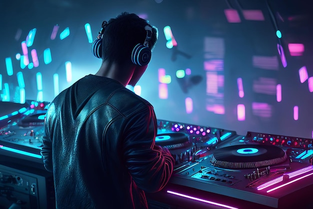 DJ player audio mixing electronic music in a nightclub party Created with Generative AI technology