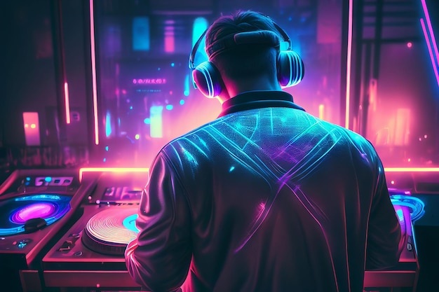 DJ player audio mixing electronic music in a nightclub party Created with Generative AI technology