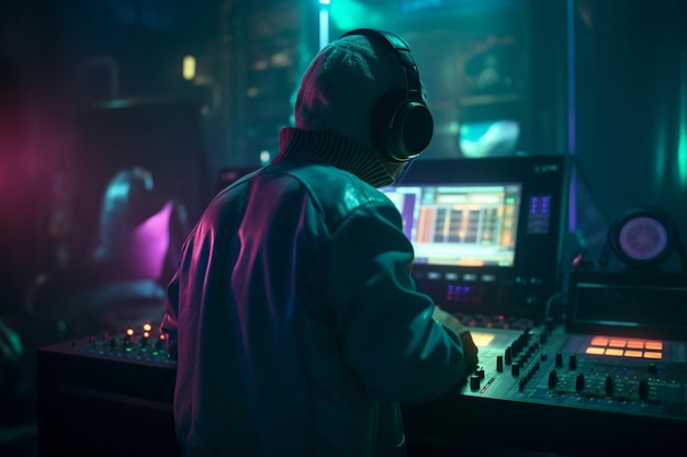 A dj playing music in a dark room with a man wearing headphones.