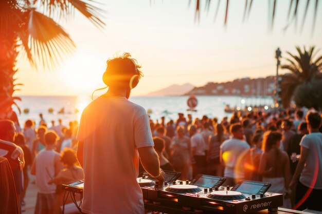 Photo dj playing music in front of crowd at sunset at a sea view party venue