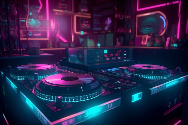 A dj room with neon lights and a dj equipment.