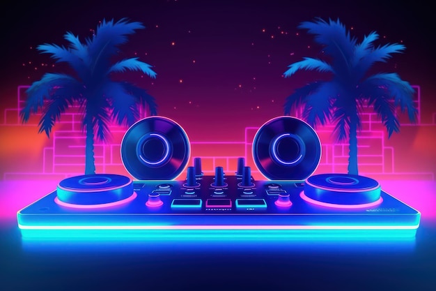 A dj's deck with a neon light behind it