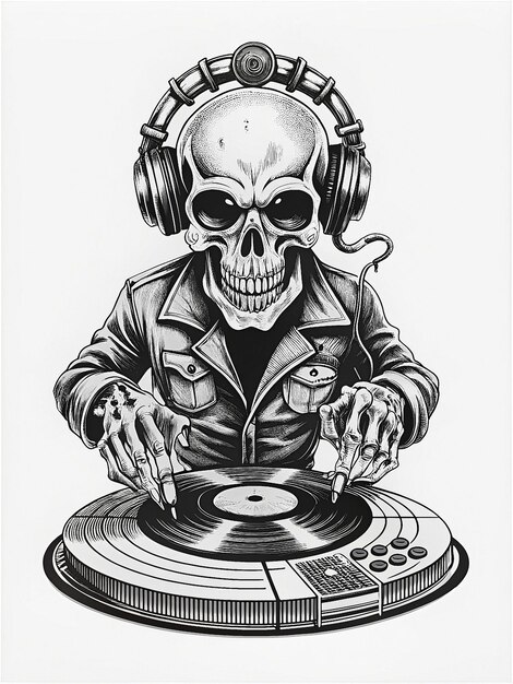 Photo dj skull on the turntable spinning vinyl records with headphones