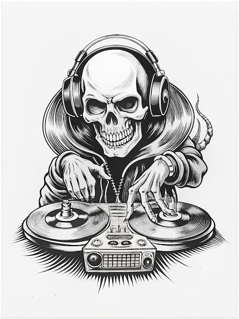 DJ Skull with headphones spinning vinyl records on a turntable