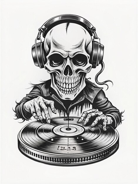 Photo dj skull with headphones spinning vinyl records on a turntable