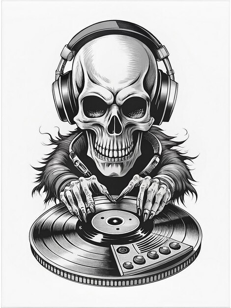 Photo dj skull with headphones spinning vinyl records on a turntable