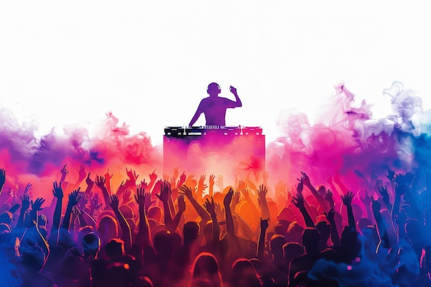 DJ on stage with a colorful and energetic crowd in a lively music festival