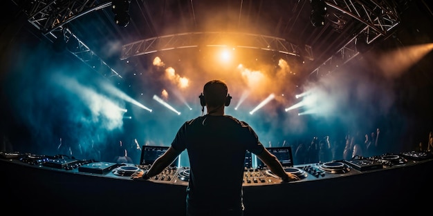 Dj standing in front of a stage with lights on