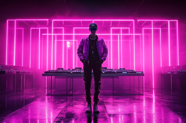 DJ standing in a neon lit futuristic environment with a mixing console capturing the innovation cre