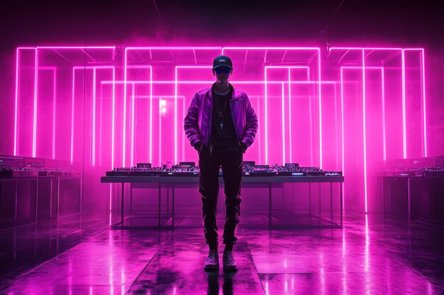 Photo dj standing in a neon lit futuristic environment with a mixing console capturing the innovation cre