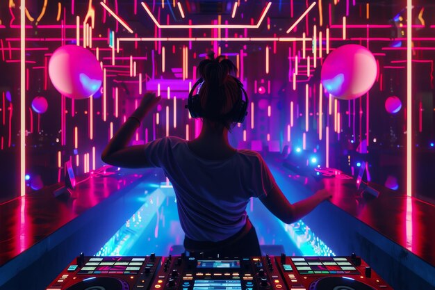 Photo a dj stands at the console in a vibrant nightclub enveloped in a spectacle of colorful lights and upbeat energy