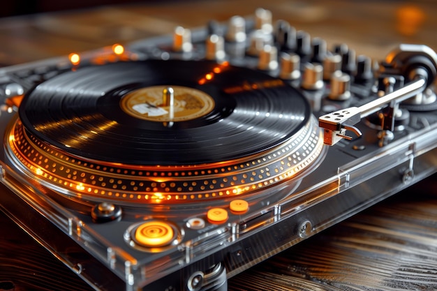 DJ turntable with vibrant orange lights and intricate details creating a dynamic vibe