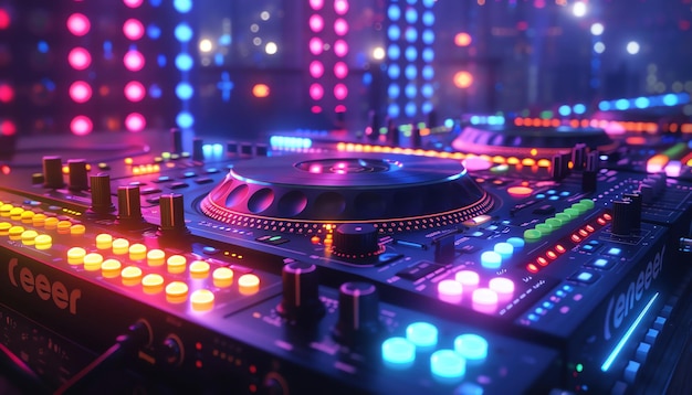 DJ turntables with colorful lights electronic music vibe