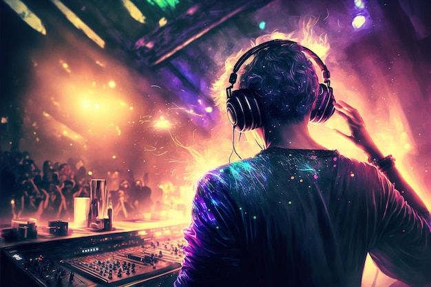 A dj with headphones on and a light in the background