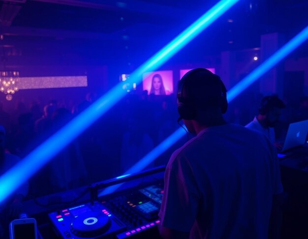 Photo dj with headphones at night club party under the blue light and people crowd in backgrounddj with headphones at night club party under the blue light and people crowd in background