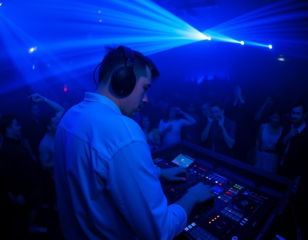 Photo dj with headphones at night club party under the blue light and people crowd in backgrounddj with headphones at night club party under the blue light and people crowd in background