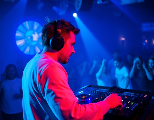 Photo dj with headphones at night club party under the blue light and people crowd in backgrounddj with headphones at night club party under the blue light and people crowd in background