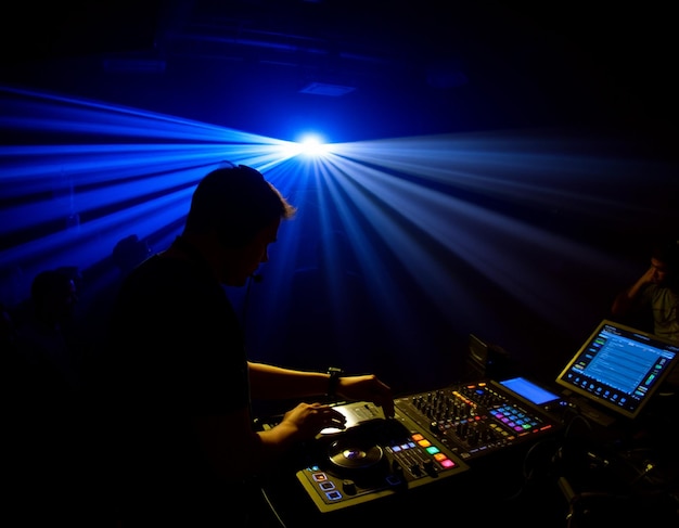 Photo dj with headphones at night club party under the blue light and people crowd in backgrounddj with headphones at night club party under the blue light and people crowd in background