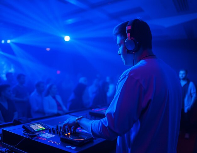 Photo dj with headphones at night club party under the blue light and people crowd in backgrounddj with headphones at night club party under the blue light and people crowd in background