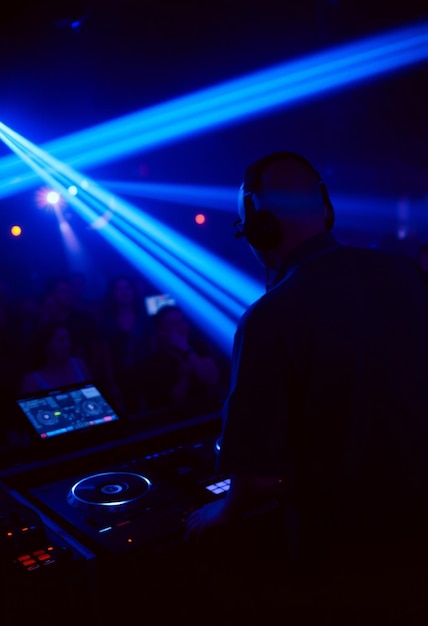 Photo dj with headphones at night club party under the blue light and people crowd in backgrounddj with headphones at night club party under the blue light and people crowd in background