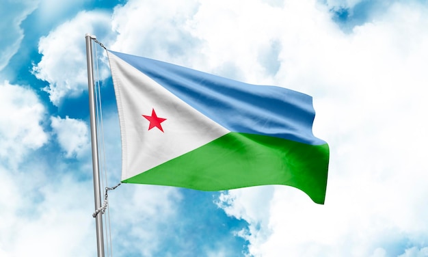 Djibouti flag waving on sky background 3D Rendering