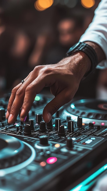 Photo a djs hand skillfully adjusts turntable controls creating an electrifying atmosphere