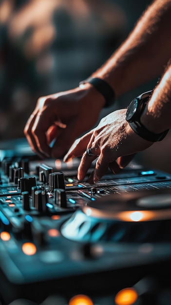 Photo djs hands skillfully manipulating turntable creating an energetic atmosphere