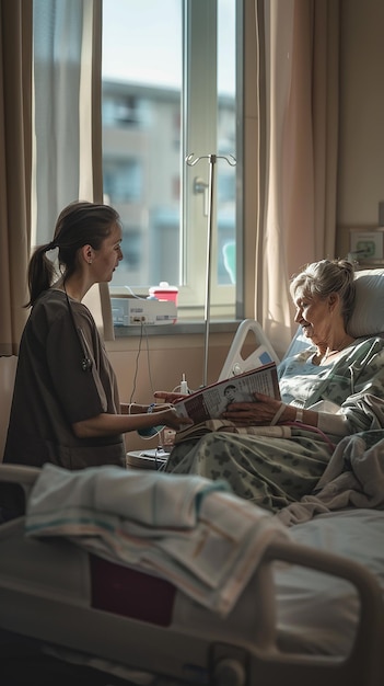 dmaxk97_Professional_nurse_reading_to_a_patient_in_hospital