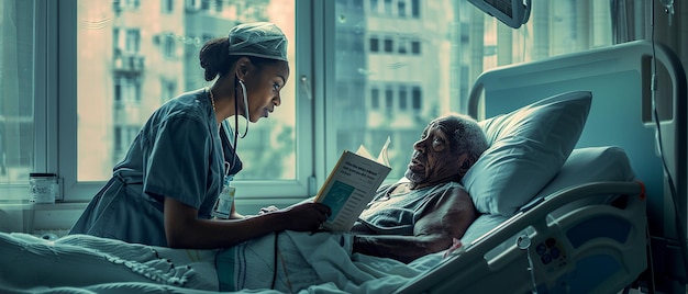 dmaxk97_Professional_nurse_reading_to_a_patient_in_hospital