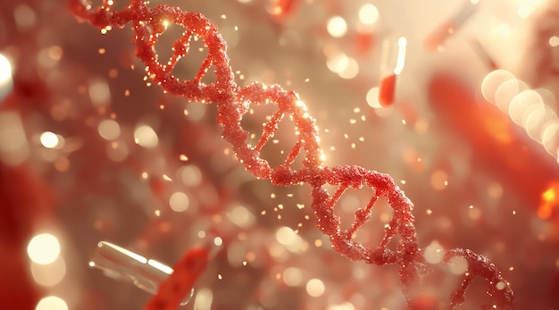 DNA double helix structure in red and gold bokeh background