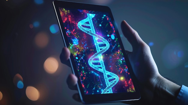 Photo dna helix abstract background on the tablet screen