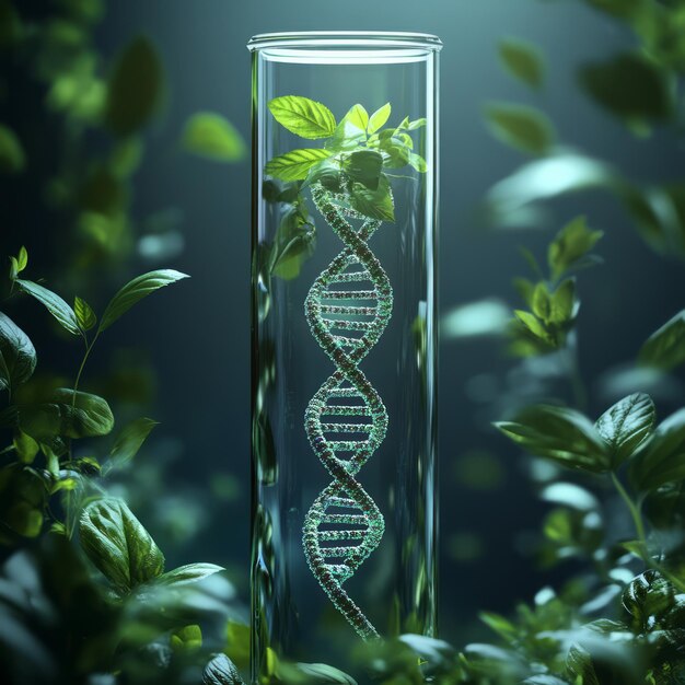 Photo a dna helix inside a test tube with a green plant inside surrounded by green leaves representing genetic engineering