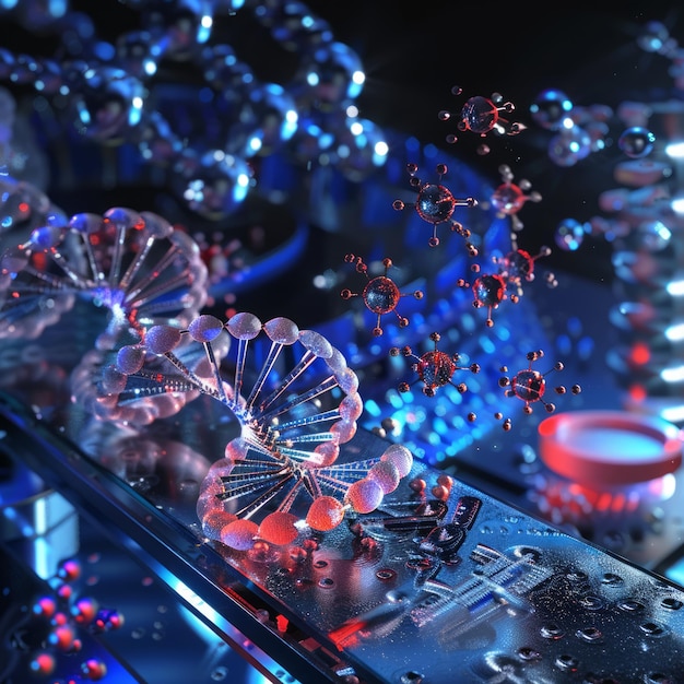 A DNA molecule on a glass surface surrounded by viruses