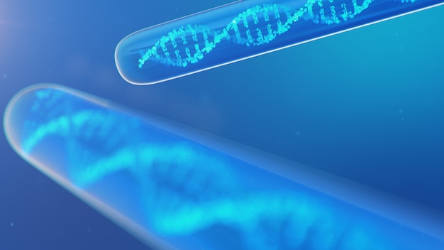 DNA molecule, its structure. Concept human genome. DNA molecule with modified genes. Conceptual illustration of a dna molecule inside a glass test tube with liquid. Medical equipment, 3D illustration