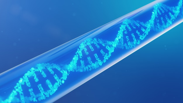 DNA molecule, its structure. Concept human genome. DNA molecule with modified genes. Conceptual illustration of a dna molecule inside a glass test tube with liquid. Medical equipment, 3D illustration