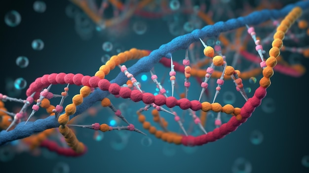 A dna strand is shown on a blue background.