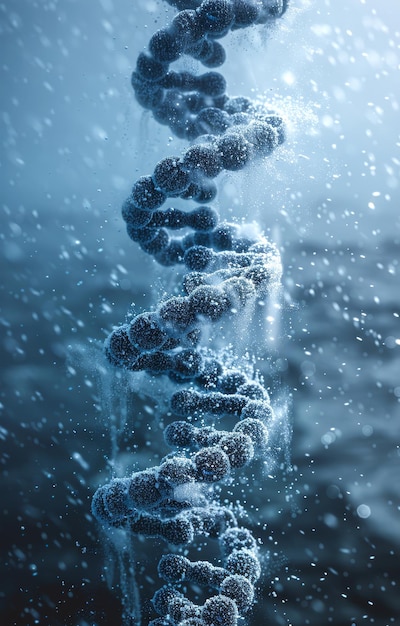 A DNA strand is shown in a blue and white color scheme Concept of mystery and wonder