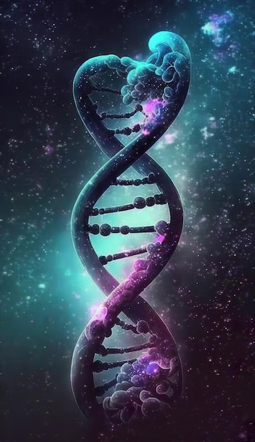 A dna strand in space with a purple background and the word dna on it.