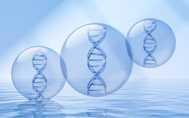 DNA with water surface background 3d rendering