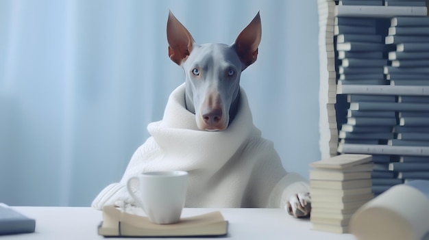 Doberman in a clothes sitting in a study with a mug and stacks of books