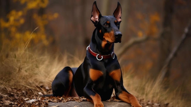 Doberman dog sitting on a rock in the woods