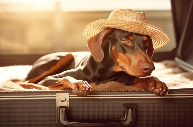 Doberman dog in a suitcase Travel concept with dog Generative AI