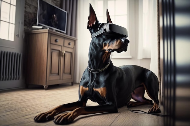 Doberman dog wearing virtual reality headset Generative AI