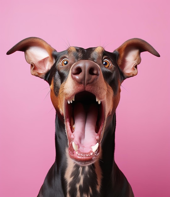 Doberman on a pink background funny pet funny dog