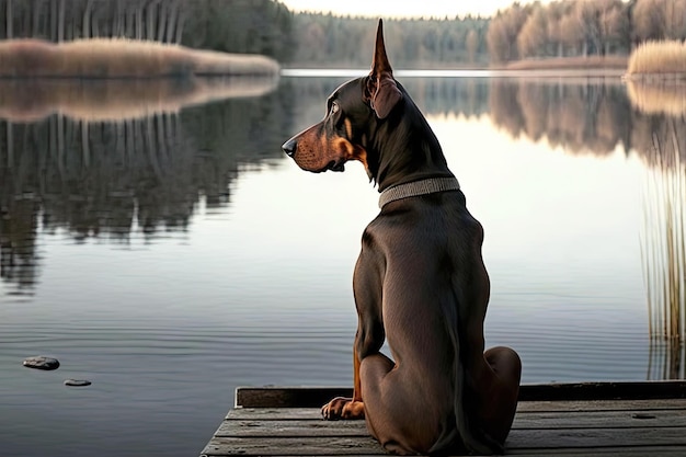 Doberman pinscher on dock overlooking serene lake created with generative ai