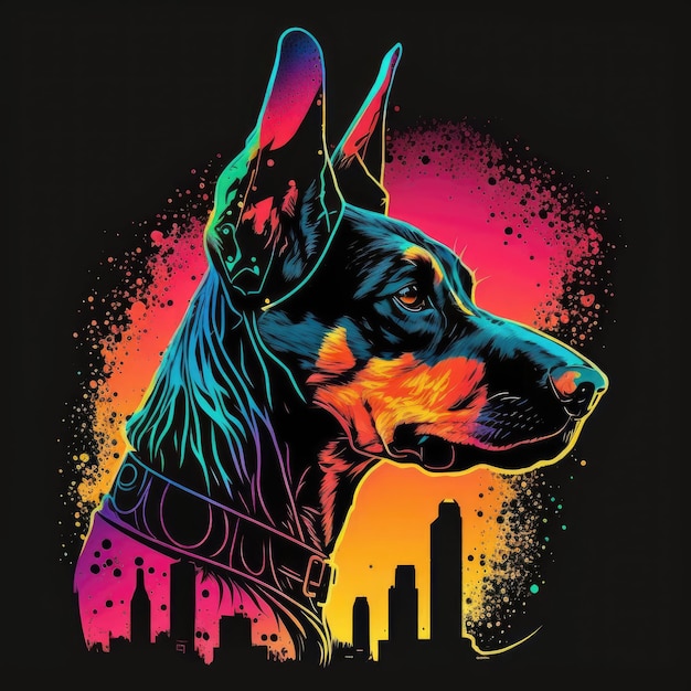 Doberman Pinscher Dog 80s Synthwave Detailed TShirt Vector Art with Vivid Colors Generative AI