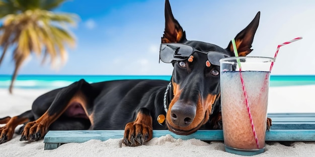 Doberman Pinscher dog is on summer vacation at seaside resort and relaxing rest on summer beach of Hawaii