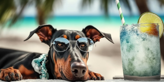 Doberman Pinscher dog is on summer vacation at seaside resort and relaxing rest on summer beach of Hawaii